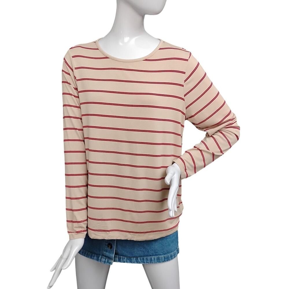 Old Navy Luxe Top Long Sleeve Size Medium Beige and Red Striped Pullover